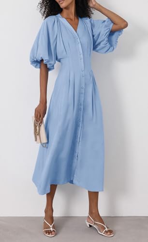 Image of chouyatou Women Summer Puff Sleeve Button Down Shirt Dress Flowy Elegant Business Casual Midi Long Dress