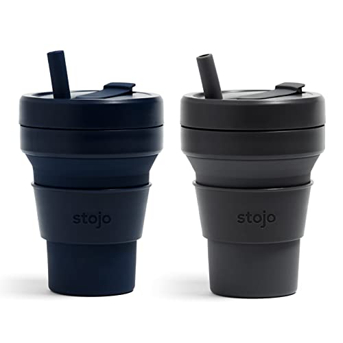 Stojo Collapsible Travel Cup Bundle With Straw - Denim and Carbon, 16oz / 470ml - Reusable To-Go Silicone Cup Set