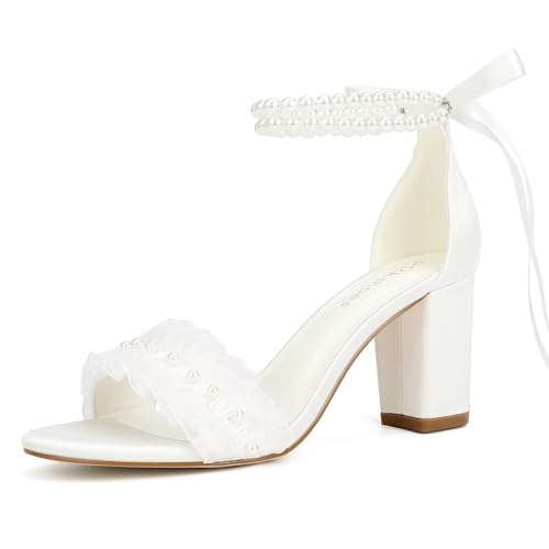 Pearl Wedding Shoes for Bride Block Heel Wedding Sandals Open Toe Bridal Shoes