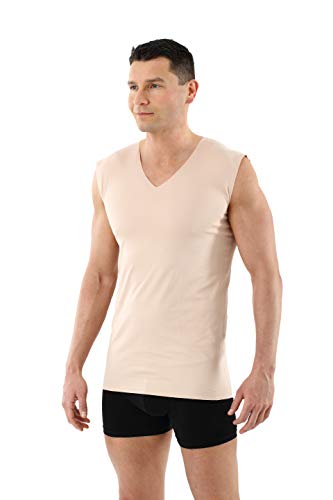 Men's Laser Cut Invisible Seamless v-Neck Undershirt Sleeveless Stretch Cotton Nude Beige2