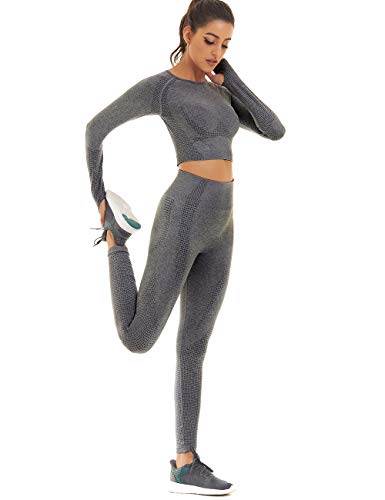 Toplook Women Seamless Workout Outfits Athletic Set Leggings + Long Sleeve Top (Dark Gray, Small)