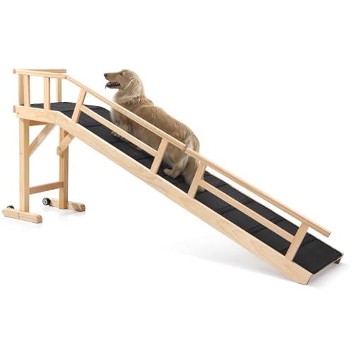 Dog Ramp for Bed or Couch, Wooden Pet Ramp with 20° Gentle Slope, Removable Side Rails, Non-Slip Surface, Top Platform & Wheels, Safe Bed Ramp for Small, Medium & Senior Dogs, 74' Long, Natural