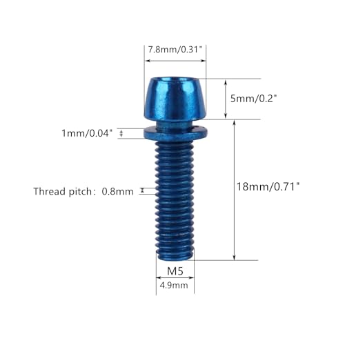 Image of Steel M5x18mm Bolts with Washer, Allen Hex Tapered Screw for Bicycle Stem, Pack of 6 (Blue)