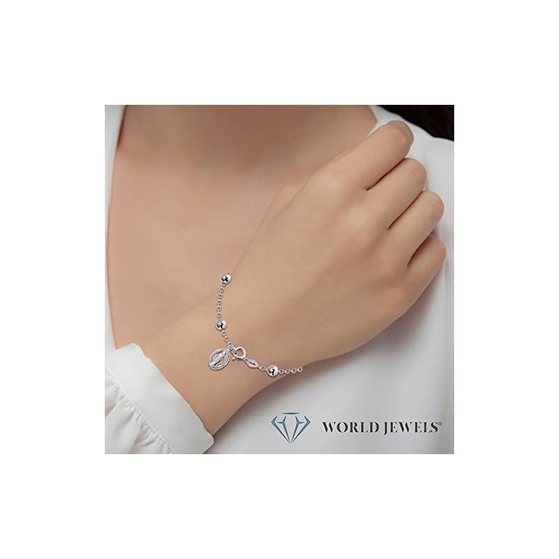 World Jewels 925 Sterling Silver Miraculous Virgin Mary Medal Italian Charm Bracelet - Dainty Christian Presents for Teen Girls, Round Beads Bracelets, Chain Link - Catholic Gifts, Fit 7.5 Inch Wrist - Image 5