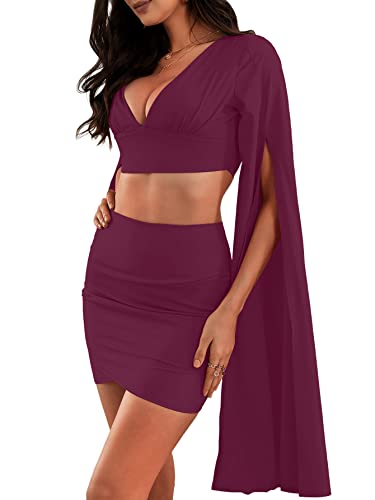 LYANER Women's 2 Piece Outfits Cloak Long Sleeve Crop Top and Ruched Mini Skirt Set3