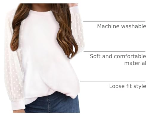 Image of Yekaty Girls Shirts Casual Solid Color Crewneck Blouses Soft Long Sleeve Swiss Dots Chiffon Tops