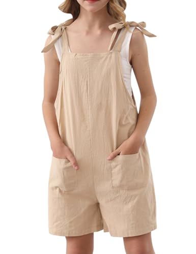 Image of Girls Romper Sleeveless Adjustable Tie-Up Strap Short Jumpsuits Summer Clothes with Pocket 5-12 years