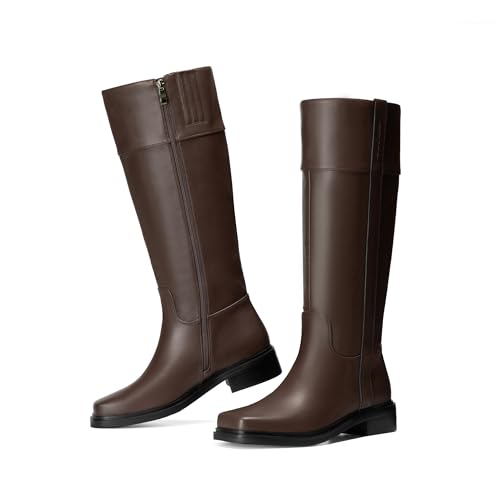 Image of vivianly Women's Knee High Boots Zipper Square Toe Trendy Low Chunky Heels Boots