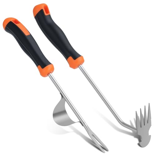 2 Pièces Désherbeur Manuel, Outil de Désherbage à 4 Dents en Acier Inoxydable, Sarcloir Griffe en V avec Manche Ergonomique Antidérapant pour Jardin, Terrasse, Désherbage, Aération du Sol et Binage