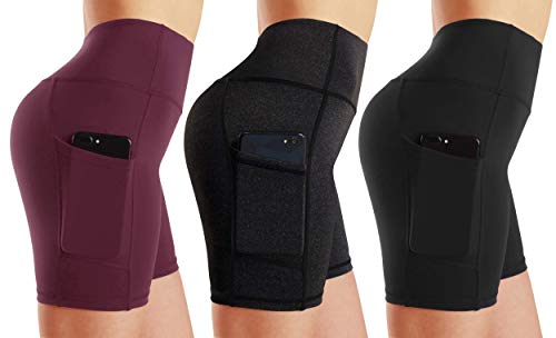 High Waist Out Pocket Yoga Short Tummy Control Workout Running Athletic Non See-Through Active Shorts (M, 3 Pack Black/Dark Grey/Wine Red)