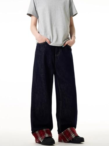 GUOYUXIAO Men's Jeans Retro Checkered Denim Pants American-Style Relaxed Straight-Leg Trouser for Men3