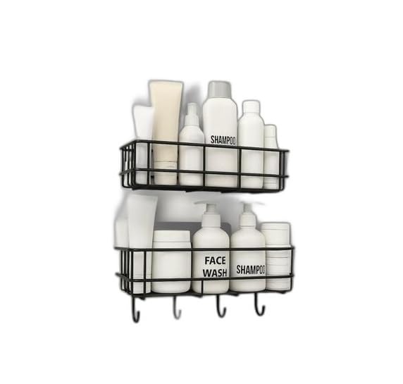 (Pack of 2) Steel Self-Adhesive Multipurpose Bathroom Shelf with Hooks/Towel Holder/Rack/Bathroom Accessories - Wall Mount - Pack of 2 (Black,Powder Coated)|BHR-P2473