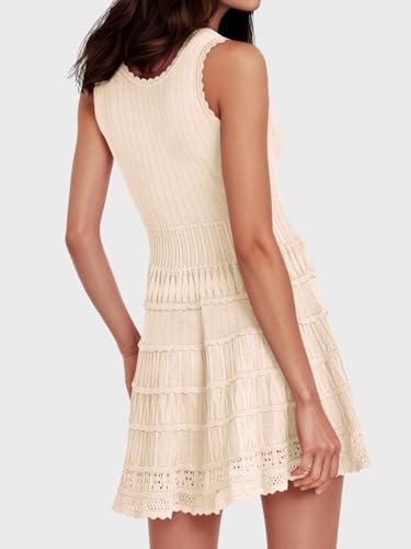 Fisoew Womens Summer Mini Dresses Casual Crewneck Knitted Crochet Hem Flowy Tank Sundress4