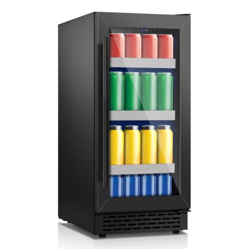 Image of 15 Inch Black Beverage Refrigerator, 130 Cans Beverage Cooler Under Counter,Freestanding 37-65F Mini Beverage Fridge with Glass Door& Stainless Steel Shelves