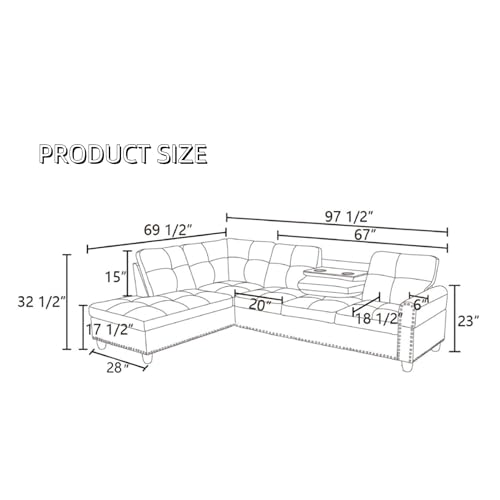Image of L-Shaped Sectional Sofa, Modern 4-Seat Couch with Built-in Cup Holders, Upholstered Fabric Sectional Couch with Left Facing Chaise for Living Room, Apartment, Office, Brown