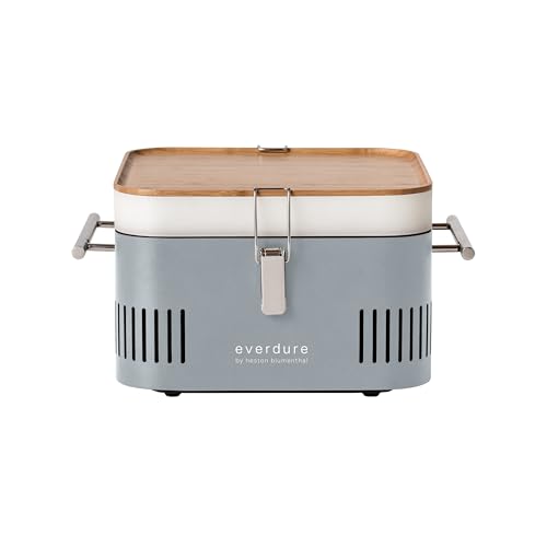 Everdure CUBE Portable Charcoal Grill, Tabletop BBQ, Perfect Tailgate, Beach, Patio, or Camping Grill, Lightweight & Compact Small Grill with Preparation Board & Food Storage Tray, Stone