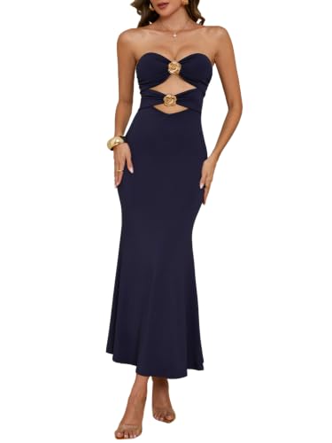 Image of Milumia Women's Metal Decor Cut Out Strapless Bodycon Maxi Dress Fishtail Tube Top Dresses Party Cocktail