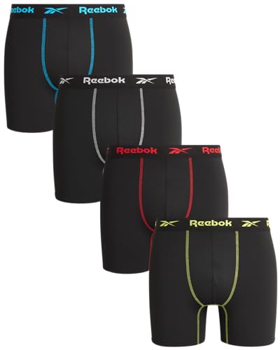 Rebook Men's Underwear - 4 Pack Breathable Performance Mens Boxer Briefs - Moisture Wicking Active Mens Underwear Pack S-4XL, Size Large, Black/Black Contrast Stitch