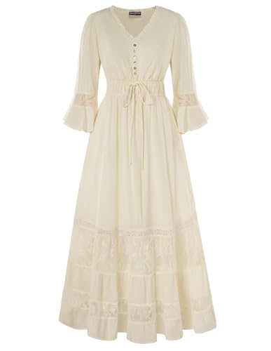 SCARLET DARKNESS Renaissance Kostüm Damen V-Ausschnitt Boho Maxi Kleid Lässig Glockenärmel Gestreifte Fairy Kleider Aprikose M