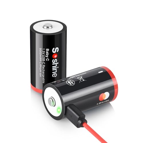 Soshine Rechargeable C Batteries with USB-C Charging Cable, 1.5v Lithium LR14 C Size Battery 5000mWh for Flashlight 2 Pack
