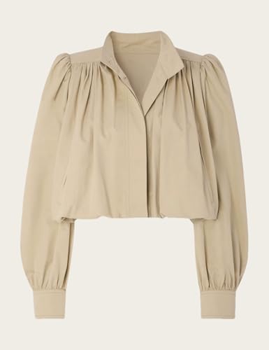 Womens Cropped Pleated Jacket Puff Long Sleeve Button Down Trench Coat Casual Outwear with Pockets4