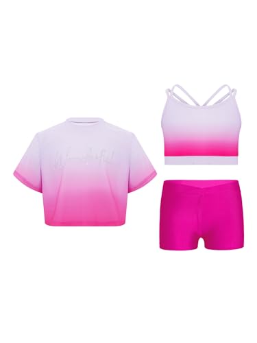 Hansber Kids Girls Gradient Sports Outfit Set T-shirt with Crop Top and Shorts for Yoga Fitness Hot Pink 14 Years