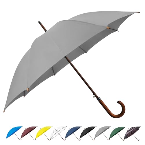 SoulRain - Paraguas clásico con mango de madera y arco de 122 cm, apertura automática, resistente al viento, transparente, irrompible, negro (Gris)