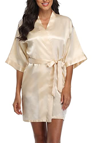 Laurel Snow Women's Satin Robes Bridesmaid Getting Ready Robe Soft Sleepwear Silky Short Kimono Bathrobe For Bridal Wedding Party Champagne #TOP3