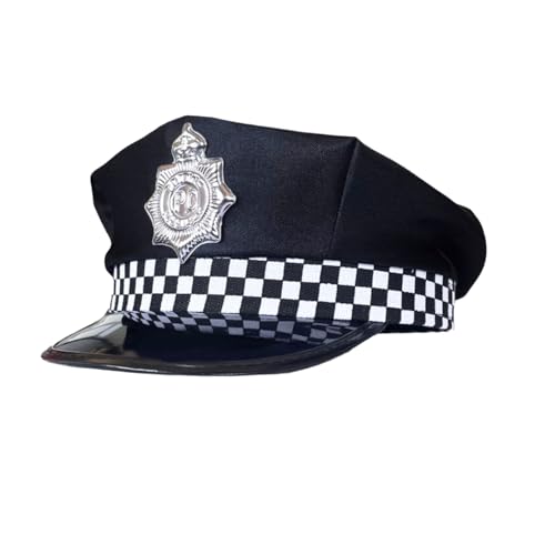 BORFUE Adult Police Cap with Checked Band and Badge Policeman Cosplay Hat for Police Dress Up Pretend Play Accessory