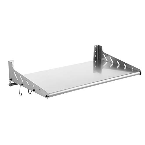 Stainless Stell Wall Mount Shelf with Hooks 304 Bathroom Kitchen Commercial Shelf Rack Restaurant Bar Multifunctional Storage Shelf (13.78, 23.62)