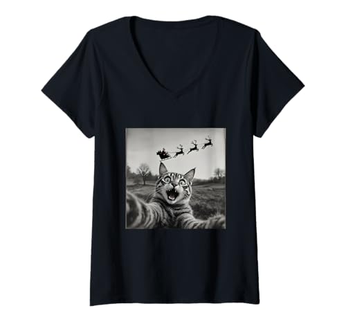 Womens shocked cat selfie with santa sleigh christmas funny v-neck t-shirt