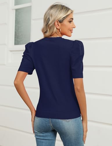 Image of AKEWEI Puff Short Sleeve Sweater for Women Tops Trendy Spring Summer 2025 Business Casual Outfits Knit Crewneck Shirt Blouses