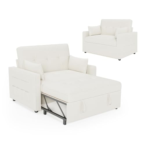 LUXOAK Schlafsofa 186 x 122 cm mit 5-stufig Verstellbarer Rückenlehne, 3-in-1 Schlafcouch mit Kissen und Seitentasche, cremeweißes Leinen-Sofa für Gästezimmer & kleine Räume