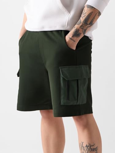 Image of The Souled Store Dark Olive Men Regular Fit Solid Cotton and Polyester Utility Shorts