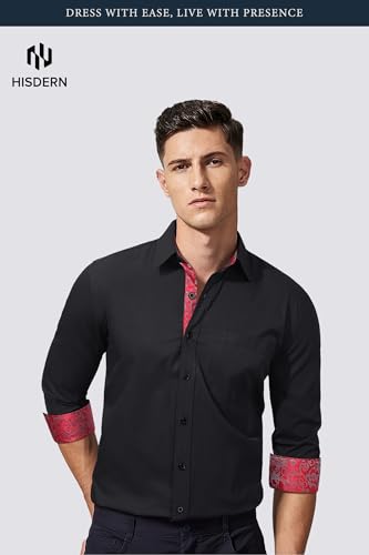 Image of HISDERN Mens Business Dress Shirts Long Sleeve Casual Button Down Shirt Formal Inner Collar Contrast Shirt for Men Wedding