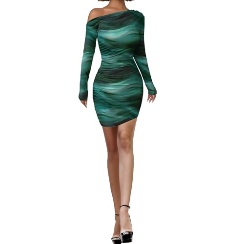 Image of Women's Long Sleeve Bodycon Mini Dress Tie Dye Print Slim Fit Asymmetrical Neck Elegant Formal Ruched Short Dresses