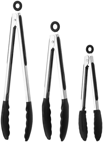 LESEED Pinza Cucina Silicone Set di 3, Pinze da Cucina Resistenti a Temperature Alte e Basse, con Blocco di Sicurezza per una Facile Conservazione, Pinze Cucina Ideali per Barbecue e Cucina (Nero)