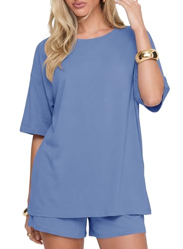 Image of Darong Women's 2 Piece Shorts Set Loungewear | oversized tshirts,crew neck top,drawstring shorts,elastic waist, side pockets,summer travel outfits