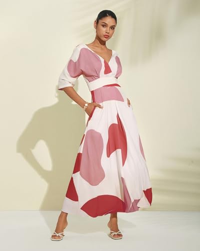 ADOR Women's Satin Wedding Guest Dress V Neck Maxi Elegant Cocktail Party Floral Long Flowy Dresses with Pockets4