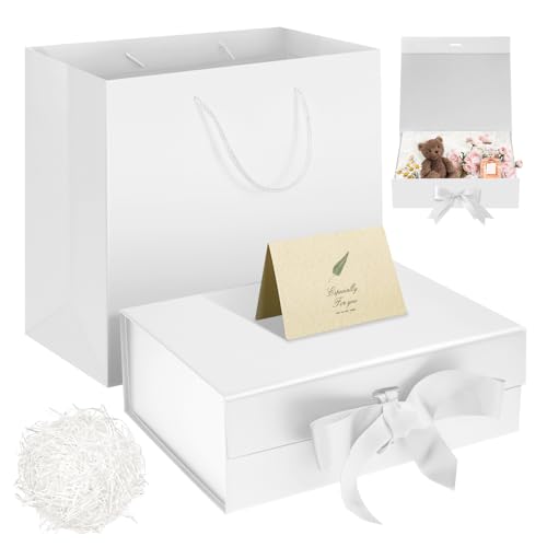 SEKEPINGO Weiße Magnetische Geschenkbox 32,5x23x10,5cm mit Geschenkbeutel Schleife Raffia Grußkarte Große Geschenkverpackung für Hochzeit Geburtstag Muttertag Party