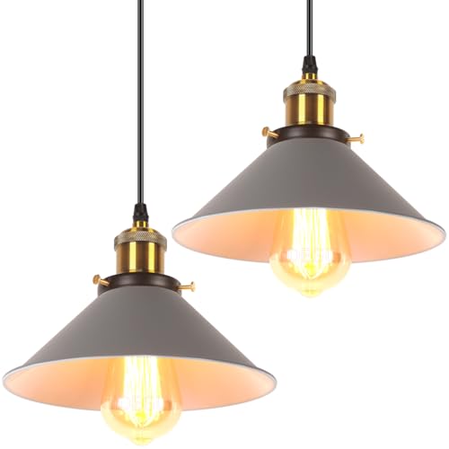 iDEGU Lot de 2 Lustres Rétro Suspension Luminaire Vintage 22CM Métal Plafonnier Abat-jour Industriel E27 Lampe de Plafond pour Salon Cuisine Chambre Restaurant (Gris)
