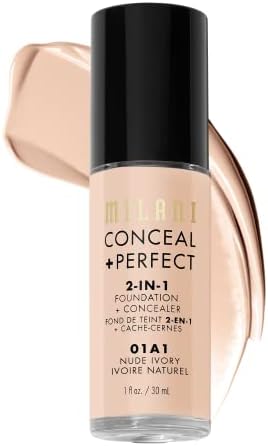 Milani Conceal + Perfect 2-in-1 Foundation + Concealer - Nude Ivory (1 Fl. Oz.) Cruelty-Free Liquid Foundation - Cover Under-Eye Circles, Blemishes & Skin Discoloration for a Flawless Complexion