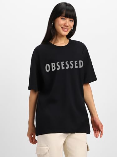 Image of JUNEBERRY Women's Casual Pure Cotton Black Printed Round Neck, Longline Drop Shoulder Loose Oversized T-Shirt |Oversized Tshirt for Women /Girl (Color: Black Available in Various Designs)