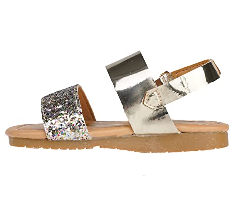 Image of bebe Girl's Sparkly and Strappy Glitter Leatherette Flat Sandals with Adjustable Strap (Toddler /Little Kid)