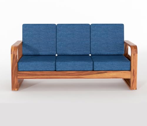 Image of Solid Sheesham Wooden 6 Seater Sofa Set for Living Room | Sofa Set with Side Pocket Storage & Cushion | Rosewood Sofa Set for Home (Honey with Blue Cushion, 6 Seater)
