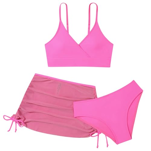 2026 - Conjunto de bikini envolvente de 3 piezas para niña con falda fruncida, rosa, 10-11 años