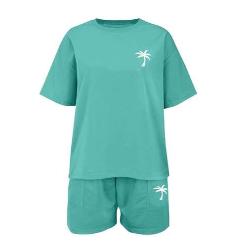 Boys Loose Athletic Short Sleeve Shirt And Active Shorts Set Summer 2 Piece Cotton Basic Tee Palm Tree Print Outfits