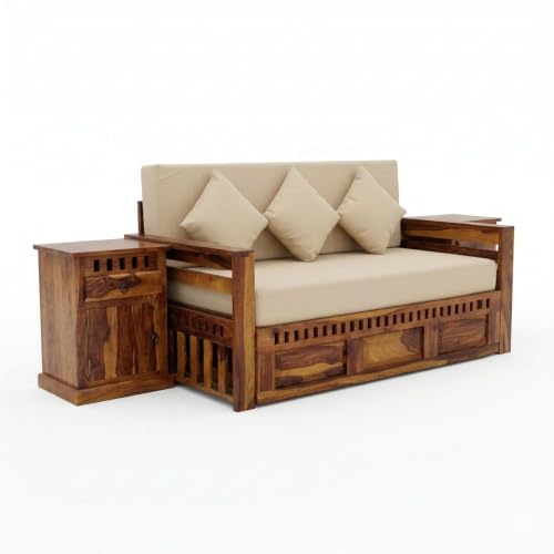 Image of SONA ART & CRAFTS Kuber Sheesham Wood Sofa Cum Bed with Bedside | 3 Seater with Storage and Side Pockets for Living Room Organizer Furniture Sofa Bed Home, Bedroom (Natural Finish)