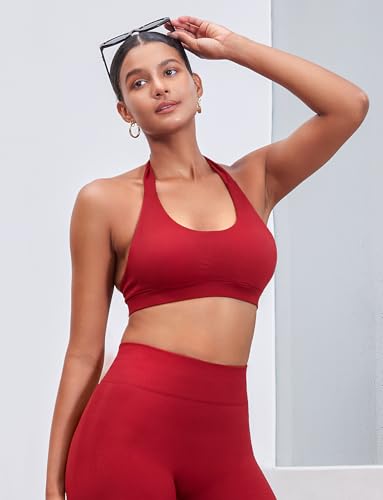 Image of YEOREO CoreFlex Women Halter Sports Bra Workout Seamless Padded Basic Bra Open Back Yoga Gym Crop Top