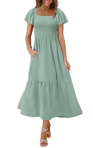 OFEEFAN Maxi Dress Spring Casual Dresses Summer Smocked Dress Women Sage Green XS